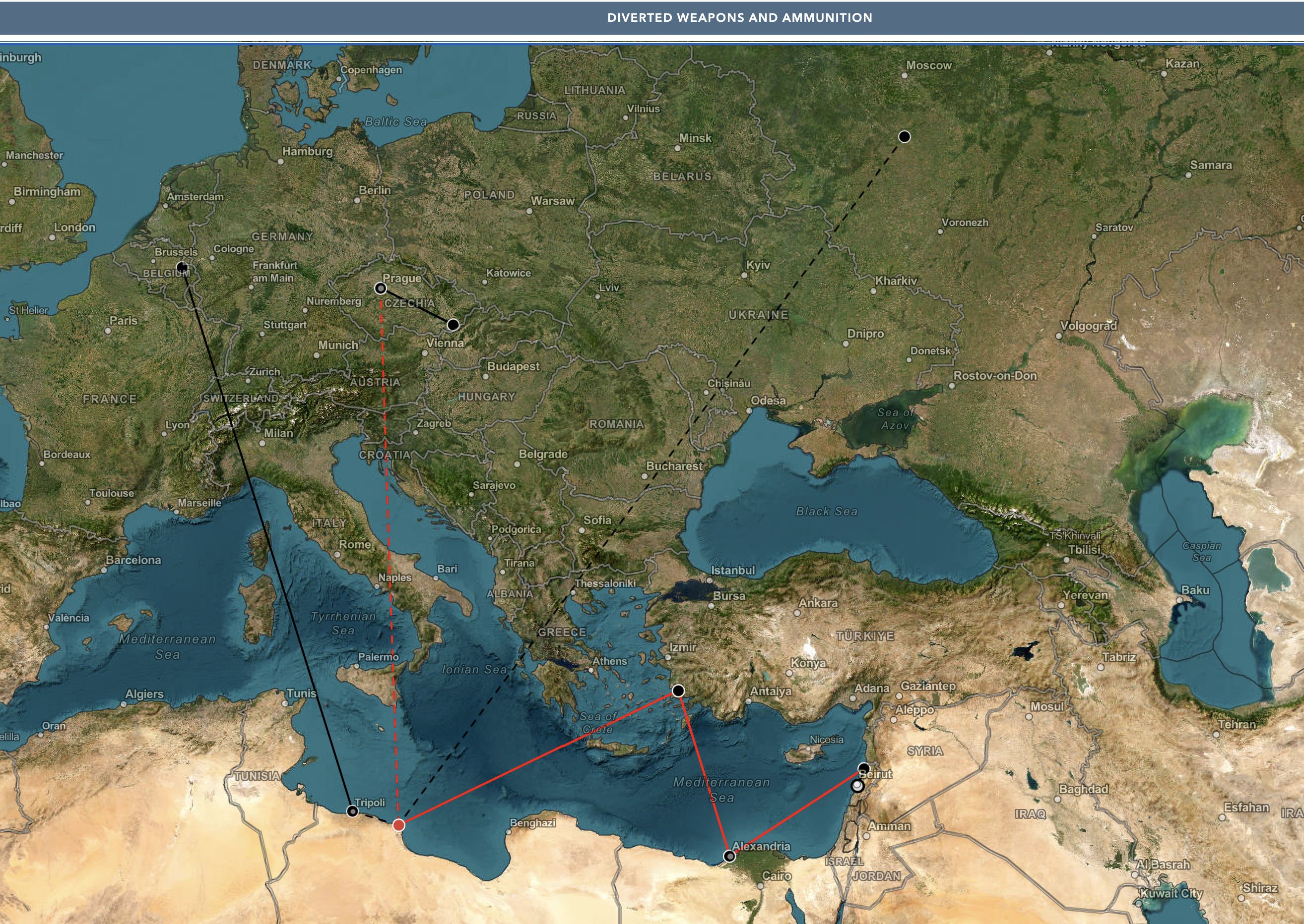 Red and black lines on a map showing diversion from Libya and onward transfer to Lebanon.